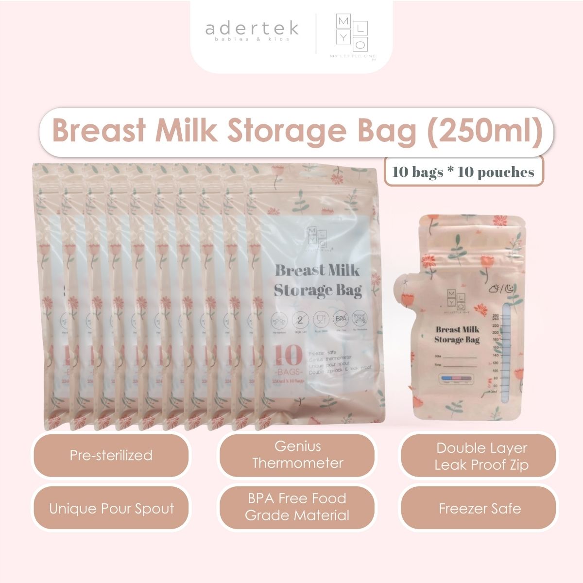 MyLO Breast Milk Storage Bag (10bags*250ml) with Oxygen Barrier, Pour Spout & Temperature Sensor