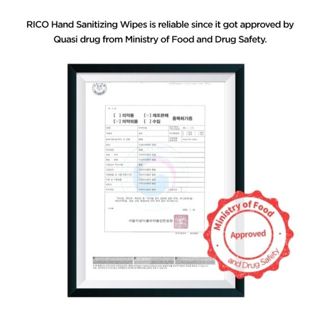 RICO Hand Sanitizing Wipe is approved by Quasi Drug from Ministry food and drug safety